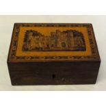 A Victorian rosewood oblong Box, the hinged cover with Tunbridge ware scene of a castle. 6" (