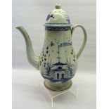 An 18th Century English Pearlware Coffee Pot with domed cover and loop handle, decorated in blue and
