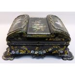 A good Victorian papier mache Sewing Box, the hinged cover inset with mother of pearl and gilding,