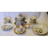 Four 19th Century Hilditch & Co. Teacups with six saucers and a saucer dish decorated with Chinese