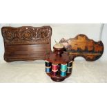 A wooden Cotton Reel Holder and pin cushion, folding poker work pipe rack, another and a metal