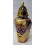 A hexagonal Jar and cover painted with fruit by the ex Worcester artist Derek Wilson. 9" (23cms)