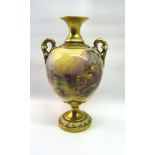 A Royal Worcester two handled baluster Vase painted with highland cattle and signed "H (?) Stinton",