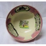 A 19th Century Sunderland Bowl decorated with verse, sailing ships etc within a pink lustre