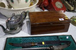Mahogany jewellery box and a tea pot