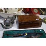 Mahogany jewellery box and a tea pot