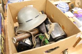 Tin helmet, Carriage lamp etc.