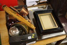 Box of assorted metal ware, a Vaux mirror etc.
