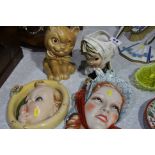 Two plaster wall masks, Crown Devon etc.