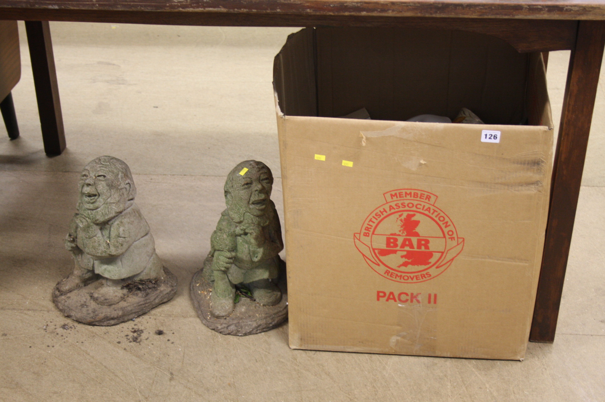 2 Stone garden ornaments and box of assorted