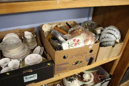 Shelf of assorted, lamps, copper, china etc.