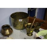 Two brass pestle and mortar etc.