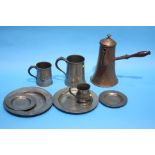 A copper jug, three pewter tankards and pewter pla
