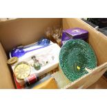 Box including Majolica plate etc.