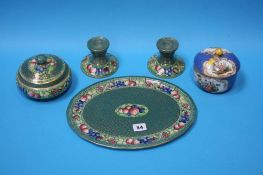 A Minton 'Rotique' dressing table set and a French powder bowl and cover (5)