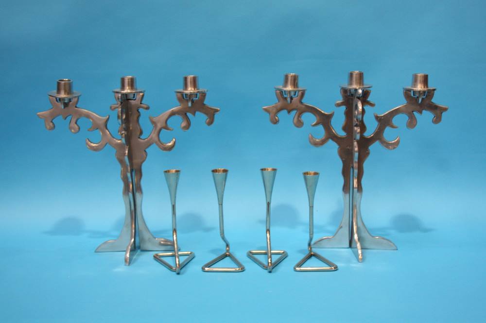 A set of four Chrome candlesticks and a pair of aluminium 3 sconce candelabra - Image 5 of 6