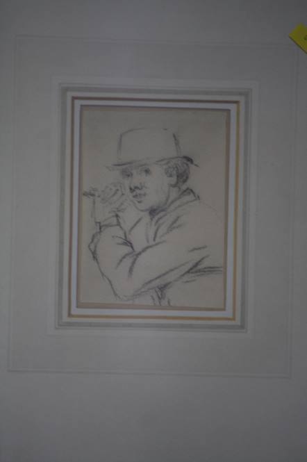 Attributed to George William Bonner, Pencil drawing 'Man wearing hat' (Bears label to verse) 11x8cm - Image 2 of 2