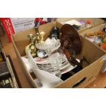 Box including pair of candle sticks, ebony dressing table set etc.