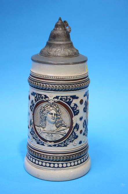 Two German Pewter Steins and a pottery Stein - Image 3 of 12