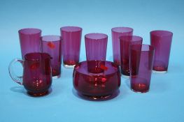 Eight Cranberry beakers, a cream jug and sugar bowl (10)