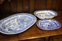 Blue and white meat plates and a dish
