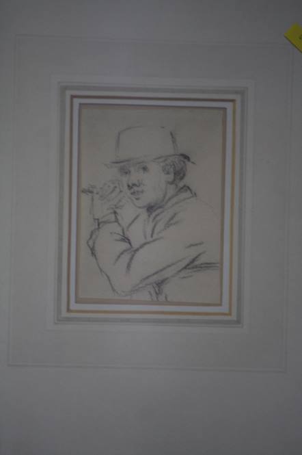 Attributed to George William Bonner, Pencil drawing 'Man wearing hat' (Bears label to verse) 11x8cm