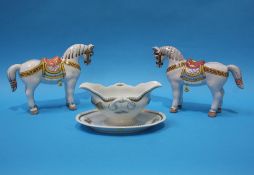 A Rosenthal sauce tureen decorated with fish and a pair of Russian Horses