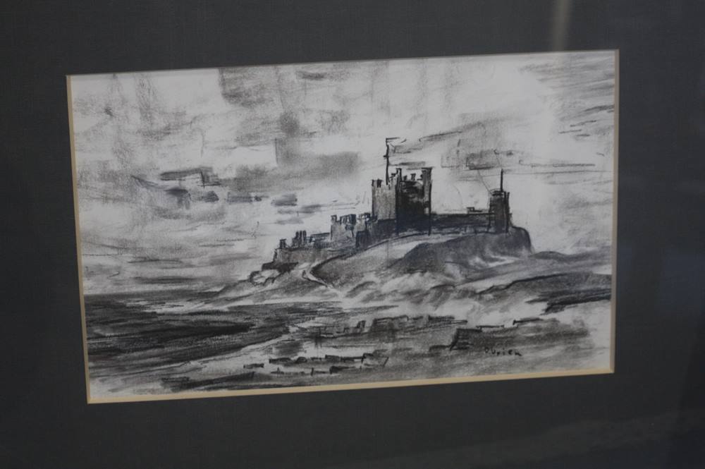 Alf O'Brien 1912-1988 Charcoal signed 'View of Bamburgh castle' 23x36cm