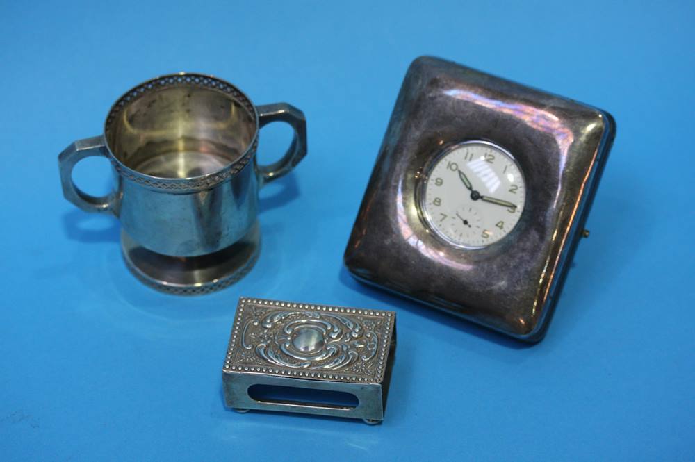 Silver mounted clock case, a match box holder etc