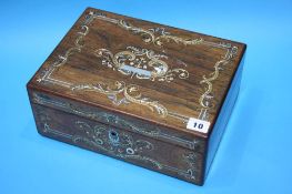 Victorian Rosewood and Mother of Pearl and brass inlaid work box 31cm wide