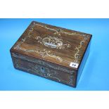 Victorian Rosewood and Mother of Pearl and brass inlaid work box 31cm wide