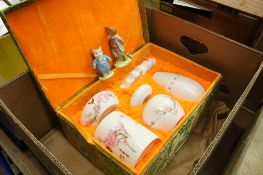Cased Oriental dressing table set and 2 Beswick fi