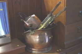 Assorted copper, warming pan, kettle etc.