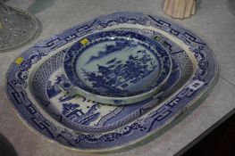 Blue and white meat plate and plate warmer