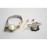 Ladies gold wristwatch, 2 pins etc.