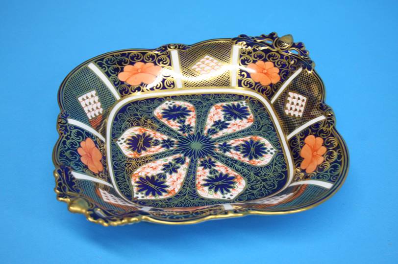 A pair of Royal Crown Derby Imari patterned square dishes with pierced acorn handles, printed