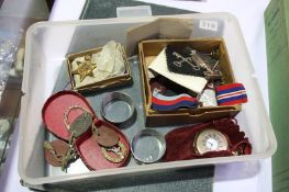 Assorted medals including Palestine 45-48, 39-45 stars, a plated ' Half Hunter' pocket watch, dog
