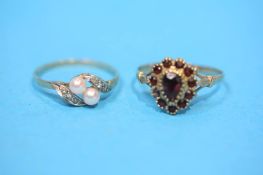 A Victorian 9ct gold Garnet set dress ring and a seed pearl 9ct gold ring (2)