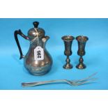 Continental coffee pot, pair of vases and a pickle fork