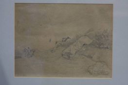 Pencil sketch, unsigned, 'Huntsman taking a fall' 20 x 26cm