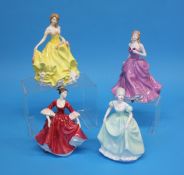Three Royal Doulton figurines and a Coalport lady