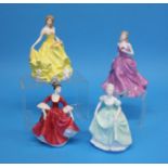 Three Royal Doulton figurines and a Coalport lady