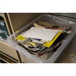 Box of assorted ephemera and a pressed glass jug