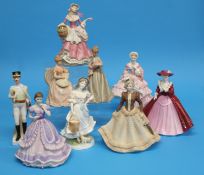 Two Royal Worcester figures, 3 Coalport figures an