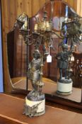 A Spelter candelabra in the form of a knight on ma