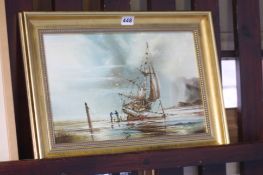 Beached boat, oil on board, signed P.J.Wintrip, in