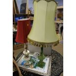 Two table lamps and two prints