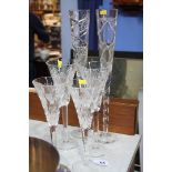 Three pairs of cut glass champagne flutes