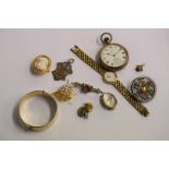 Bag of assorted including pocket watch, silver fob