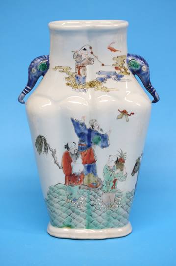 A Chinese vase with two elephant head handles, dec